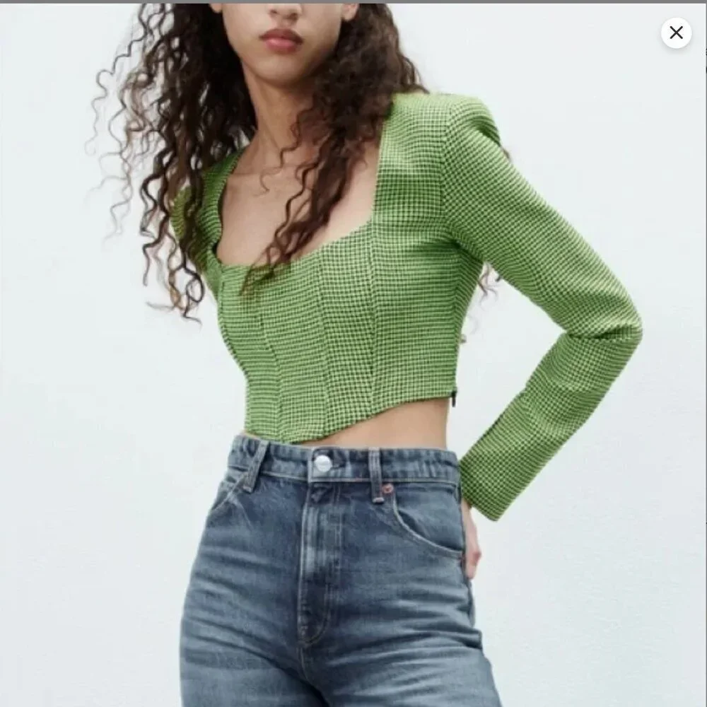 Zara lime houndstooth long sleeve corset top Size L NEW WITH TAG!